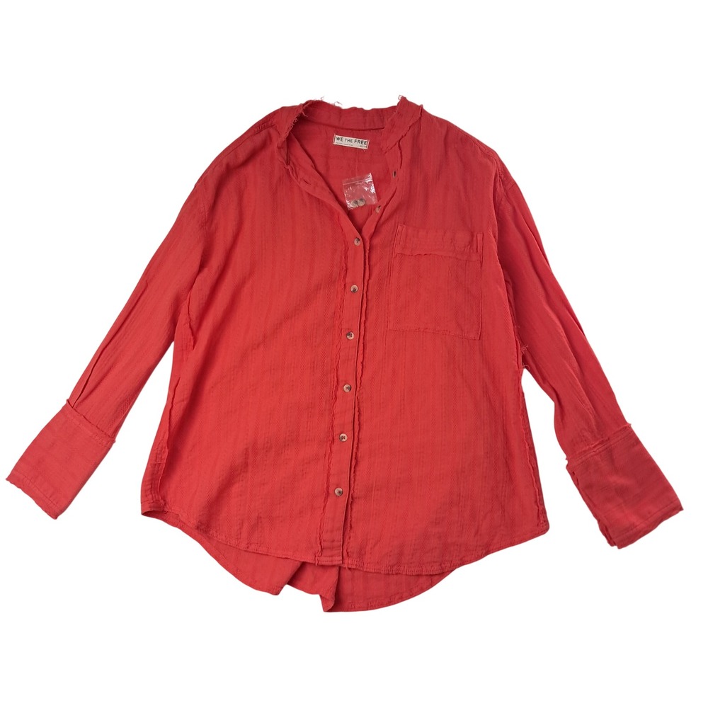 NWOT Free People We The Free Button Down Shirt Women XS Oversized Red Raw Hem